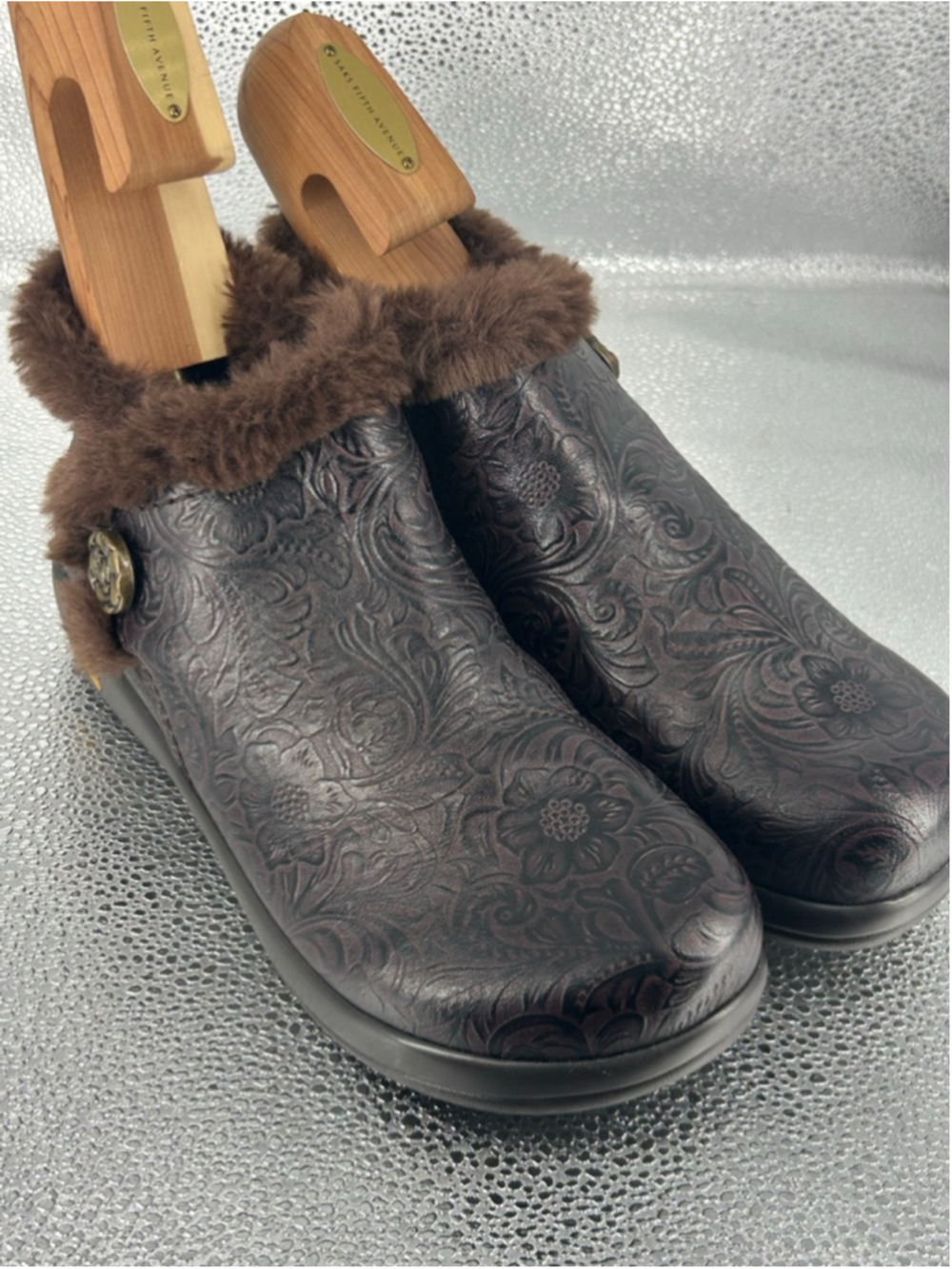 Women's Alegria by PG Lite Brown Floral Faux Fur Mules & Clogs
